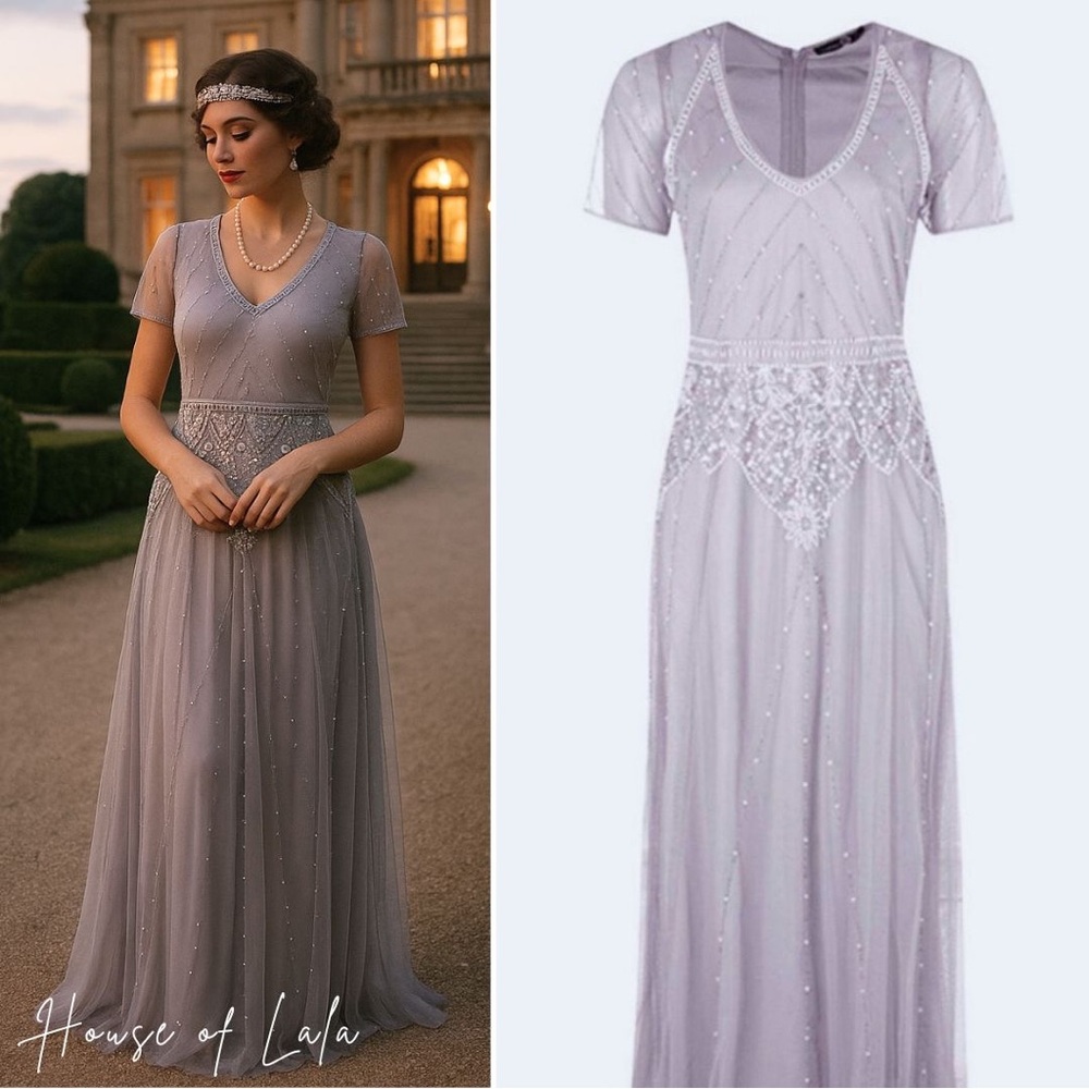 Boohoo Gray Tulle Beaded maxi dress summer formal grad prom Great Gatsby